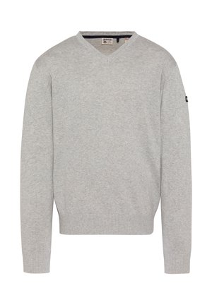 Pull en maille gris clair à col en V et manches longues, avec poignets et ourlet côtelés, doté d'un petit patch logo sur la manche gauche.