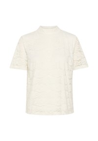 Lyhythihainen, korkean kauluksen paita off-white pitsistä, jossa on kukkakuosi ja sileä pinta. Yksinkertainen, laatikkomainen siluetti ilman kiinnityksiä.