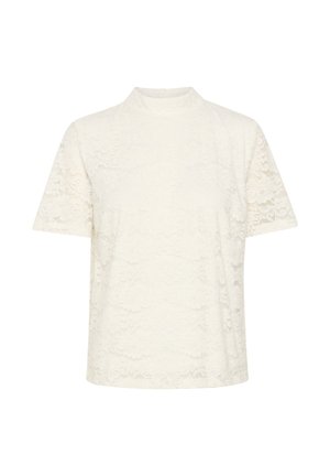 Haut à manches courtes et col montant en dentelle blanc cassé, présentant un motif floral et une texture lisse. Silhouette simple et carrée sans fermetures.