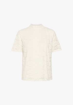 Kurze Ärmel, hochgeschlossener Oberteil aus elfenbeinfarbener Spitze, mit blumigem Muster und glatter Textur. Schlichte, kastige Silhouette ohne Verschlüsse.