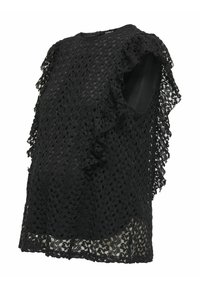 Top in pizzo nero con vestibilità ampia, colletto rotondo e maniche asimmetriche a balze. Motivo floreale dettagliato con una texture trasparente.