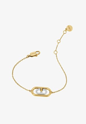 Goldkette-Armband mit ovalem Glieddesign und einem weißen Steinakzent in der Mitte. Enthält einen Verschluss mit Markenprägung.