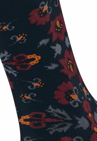 Marineblaue Socken mit einem floralen Muster in Burgunderrot, Orange und Grau. Das Design zeigt verschiedene Blumen und abstrakte Formen.