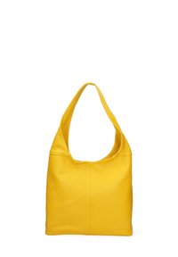 Borsa a spalla in pelle gialla con una consistenza morbida, manico arrotondato e un design spazioso, caratterizzata da una cucitura singola sul davanti.