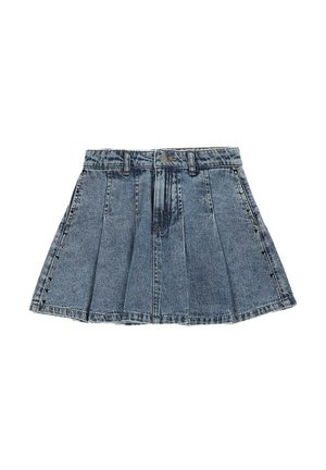 Dżinsowa mini spódnica z przednimi zakładkami, szlufkami na pasek, zapięciem na guziki i zamek, ozdobiona metalowymi ćwiekami wzdłuż bocznych szwów.