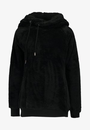 Czarny polarowy hoodie z kapturem, sznurkami, rękawami raglanowymi i lekko wydłużonym tyłem. Miękka, teksturowana tkanina.