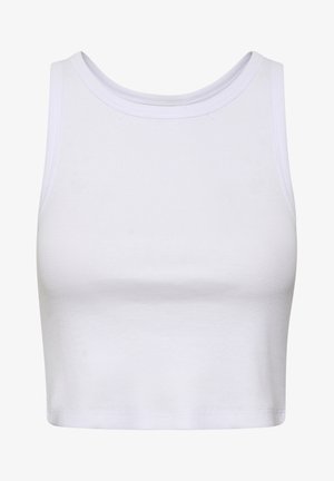 Vit crop top tillverkad av ribbat tyg, med rundad halsringning och ärmlös design som har en figurnära silhuett. Inga mönster eller detaljer.