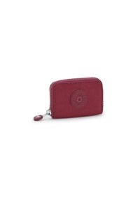 Portafoglio zip-around in tessuto bordeaux con logo in rilievo, forma rettangolare e hardware argentato. Texture liscia con zip estraibile.