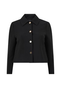 Black cropped jacket with a pointed collar, gold buttons, and side pockets. Made from textured fabric, suitable for layering.