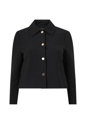 Zwarte cropped jacket met een puntige kraag, gouden knopen en zijzakken. Gemaakt van textuurstof, geschikt voor layering.
