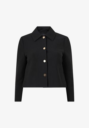Sort cropped jakke med spidse kraver, guldknapper og sidelommer. Lavet af tekstureret stof, velegnet til lag-på-lag.