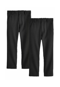 Zwarte broek van smooth stof, met een rechte snit, riemlussen en zijzakken. Geen zichtbare patronen of hardwaredetails.