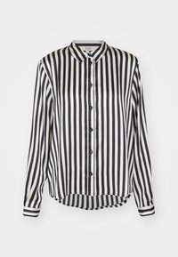 Svartvit långärmad skjorta med knappar, vertikala ränder, krage och rundad nederkant, uppvisad mot en vanlig vit bakgrund.