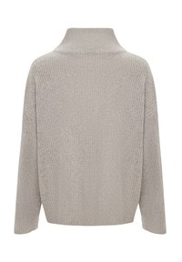 Grauer, gestreifter Pullover mit hohem Kragen und überschnittenen Schultern. Er zeichnet sich durch eine lockere Passform, eine weiche Textur und ein minimalistisches Design aus.