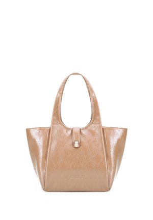 Bolso de mano de cuero beige brillante con dos asas, una correa frontal con cierre metálico y el logotipo de Wittchen en la parte inferior frontal.