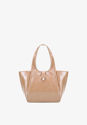 Lesklá béžová kožená kabelka se dvěma uchy, předním páskem s kovovou sponou a logem Wittchen na spodní přední straně.