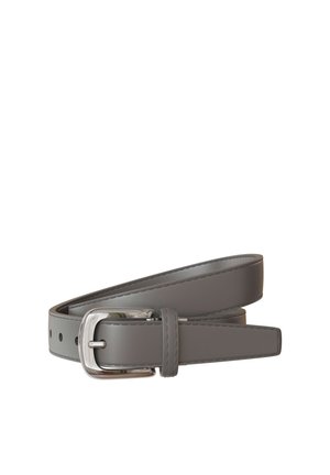Gray leather belt with silver metal buckle, coiled with visible stitching along edges, against a white background.