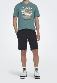 Camisa de algodón color aguamarina con un gráfico tropical que incluye un flamenco, combinada con pantalones cortos negros y zapatillas en blanco y negro con rayas.