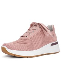 Pink knitted sneaker with lace-up front, white midsole, and light brown rubber outsole, shown at three-quarter angle.