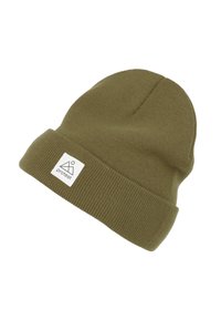 Olive green knit beanie with a folded cuff, featuring a white rectangular logo patch with a triangle design. Soft texture.