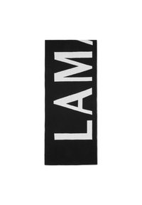 Prosop din bumbac negru cu un design text mare de culoare albă care scrie "LAM." Textură moale, formă rectangulară și un model de culori contrastante.