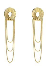 Los pendientes de metal en tono dorado presentan una parte superior circular en espiral con tres cadenas en cascada que añaden textura y movimiento.