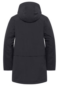 Zwarte waterdichte parka met capuchon, ontworpen in een middelange stijl, met elastische manchetten en een gladde, matte textuur. Geen zichtbare zakken.