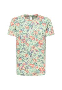 Korte mouw t-shirt in licht muntgroen met een bloemenpatroon in roze, oranje en paars. Gemaakt van zachte katoen, met een ronde halslijn.
