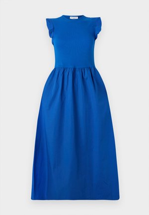 Blue dress featuring a fitted bodice with short ruffled sleeves, transitioning to a voluminous, gathered skirt in a smooth fabric.
