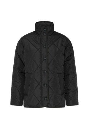 Schwarze gesteppte Jacke mit hohem Kragen, vorderen Druckknöpfen und Seitentaschen. Verfügt über eine glatte Oberfläche und ein durchgehendes Rautenmuster.