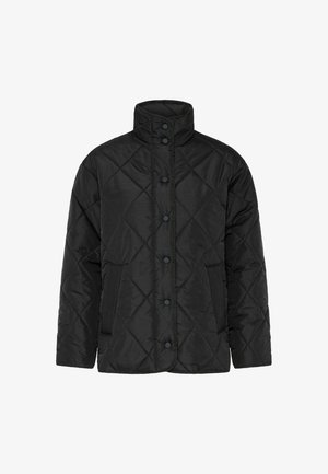 Black quilted jacket with a high collar, front snap buttons, and side pockets. Features a smooth finish and diamond pattern throughout.