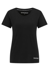 Sort bomuld t-shirt med korte ærmer og rund halsudskæring. Har hvidt mærke logo-tekst på fronten tæt på kanten.