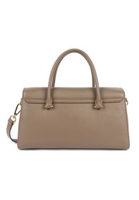 Sac à main en cuir brun avec un design structuré, deux poignées supérieures, une bandoulière amovible et des éléments de quincaillerie en ton doré.