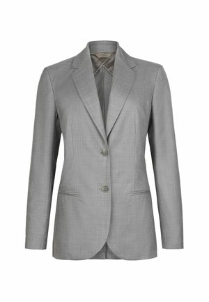 Hellgrauer Blazer mit einreihiger Knopfleiste, Revers mit Kerbkragen, zwei Knöpfen, langen Ärmeln und zwei seitlichen Einschubtaschen.