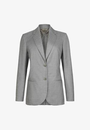 Jasnoszara marynarka na jeden guzik z klapami z wycięciem, dwoma guzikami, długimi rękawami oraz dwoma bocznymi kieszeniami z rozcięciami.