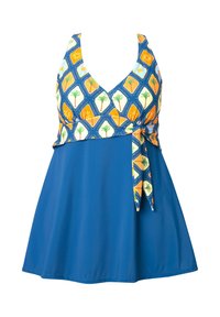 Uimapuku, jossa on sininen yhtenäinen alaosa ja kuvioitu yläosa, jossa on oransseja, keltaisia ja vihreitä palmupuun motiiveja sinisellä taustalla.