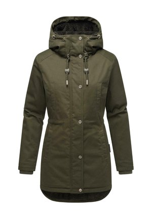 Parka imperméable vert olive avec capuche, cordons réglables, deux poches avant et une doublure douce et textur�ée. Se ferme avec des boutons-pression.