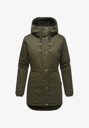 Parka impermeabile verde oliva con cappuccio, cordini regolabili, due tasche frontali e foderato in morbido tessuto testurizzato. Si chiude con bottoni a pressione.