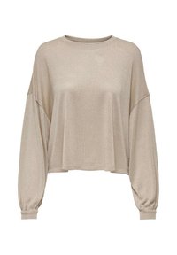 Maglione beige cropped realizzato in morbido tessuto, con maniche lunghe e polsini arricciati, dal fit rilassato. Scollo tondo semplice.