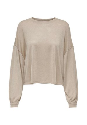 Pull cropped beige en tissu doux, doté de manches longues avec des poignets froncés et une coupe décontractée. Encolure ronde simple.