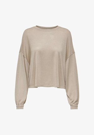 Maglione beige cropped realizzato in morbido tessuto, con maniche lunghe e polsini arricciati, dal fit rilassato. Scollo tondo semplice.