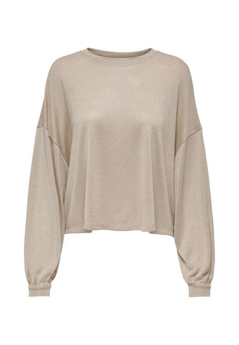 Maglione beige cropped realizzato in morbido tessuto, con maniche lunghe e polsini arricciati, dal fit rilassato. Scollo tondo semplice.