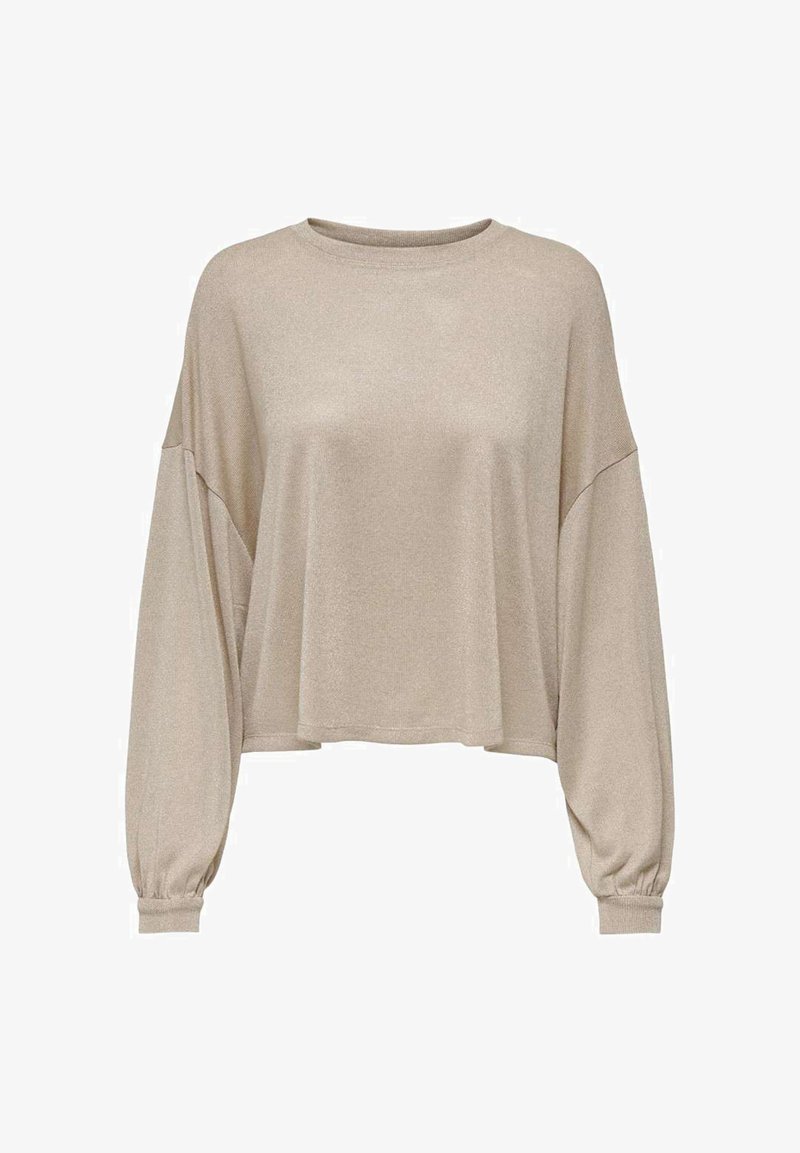 Maglione beige cropped realizzato in morbido tessuto, con maniche lunghe e polsini arricciati, dal fit rilassato. Scollo tondo semplice.