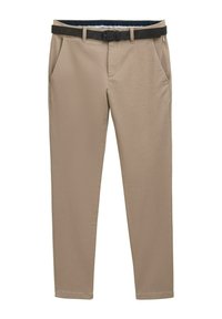 Pantalons beige slim-fit avec poches avant et ceinture noire, présentés sur fond blanc.