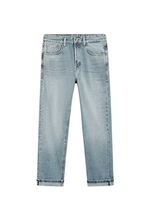 Hellblaue Denim-Jeans mit geradem Schnitt, Reißverschluss, Knopfverschluss, Vorder- und Gesäßtaschen sowie umgeschlagenen Bündchen an den Knöcheln.