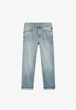 Hellblaue Denim-Jeans mit geradem Schnitt, Reißverschluss, Knopfverschluss, Vorder- und Gesäßtaschen sowie umgeschlagenen Bündchen an den Knöcheln.