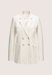 Beige Doppelreiher-Blazer mit schmalen blauen Streifen. Aus strukturiertem Stoff gefertigt und verfügt über zwei Taschen vorne sowie Reverskragen.