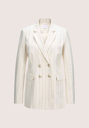 Dubbelzijdige blazer in crème met smalle blauwe strepen. Gemaakt van gestructureerde stof met twee voorzakken en notch-lapels.