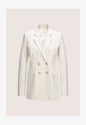 Dubbelzijdige blazer in crème met smalle blauwe strepen. Gemaakt van gestructureerde stof met twee voorzakken en notch-lapels.