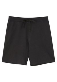 Černé kraťasy vyrobené z měkké tkaniny, s elastickým pasem na šňůrku, rovného střihu a bez viditelných vzorů či kovových detailů.